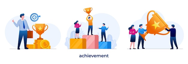 Working achievement and successful reward business teamwork growth profit flat vector illustration banner