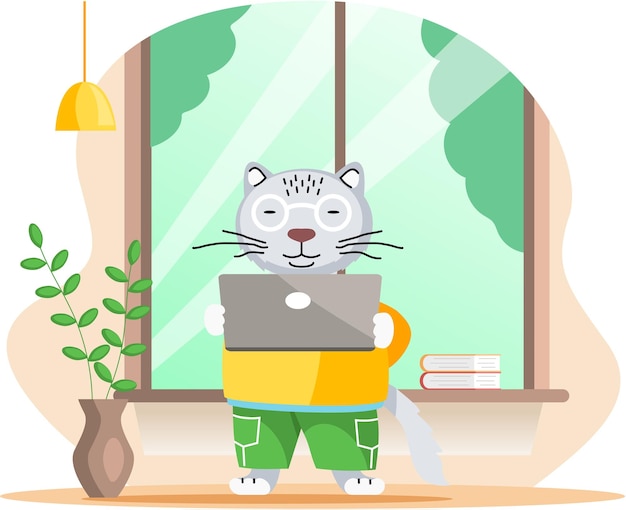 Working animals cute cartoon character works at home with laptop performs work and tasks Clever cat freelancer working on tablet and computer at home or coworking space Home education concept