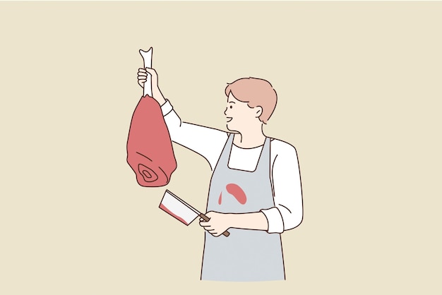 Working as butcher with meat concept. young smiling man butcher in apron standing holding beef leg in hands for selling vector illustration