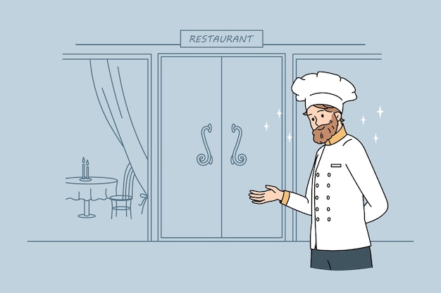 Работа шеф-поваром в концепции ресторана. улыбающийся шеф-повар в форме и шляпе стоит и приглашает гостей на векторную иллюстрацию ресторана
