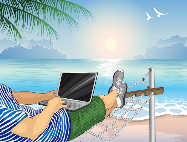 Vector working on the beach with a laptop