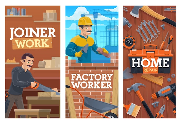 Working builder and joiner, construction and home repair tools banners. Bricklayer laying bricks with trowel, joiner or carpenter in workshop, cutting wooden board with saw, construction tools 