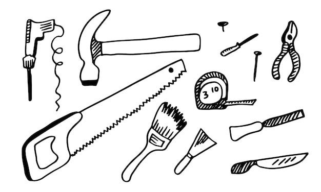 Working construction tools doodles collection on white background