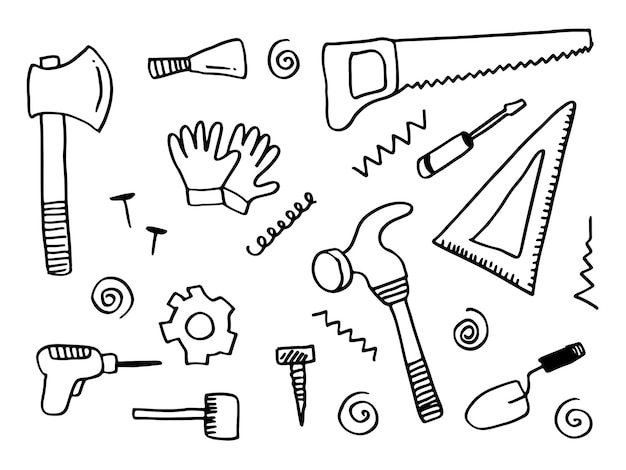 Working construction tools doodles collection on white background