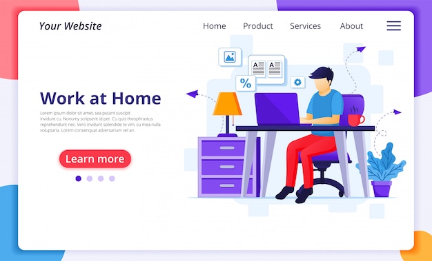 Working from home concept, A man work on laptop, stay at  home on quarantine during the Coronavirus Epidemic. website landing page design template