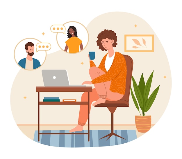 working from home concept woman sits at home at desk and communicates with colleague via video link