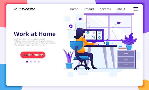 working from home concept, a woman work on computer, stay at home on quarantine during the coronavirus epidemic. website landing page design template