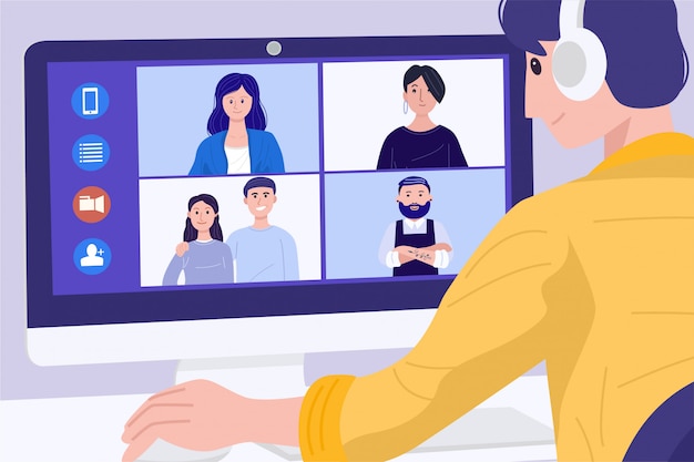 Vector working from home concept, a young man having video conference with his colleagues. illustration