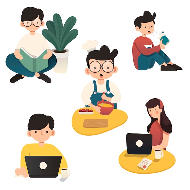 Working at home, concept illustration. Freelance people working on laptops and computers from home. Flat style   illustration of character working from home.