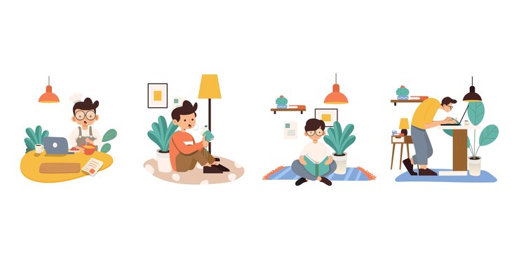 Vector 집에서 일하고, 개념 그림. 집에서 노트북과 컴퓨터로 일하는 프리랜서 사람들. 플랫 스타일