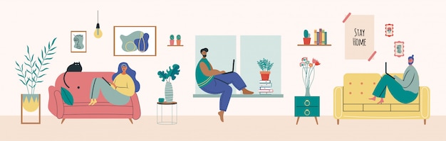 Vector working at home, coworking space, concept illustration. young man and woman freelancer working on laptop. people stay at home in quarantine.   flat style