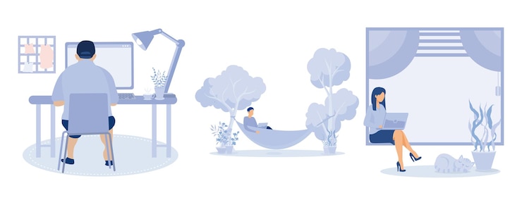 Vector working at home, coworking space, concept illustration. young people, man and woman freelancers work