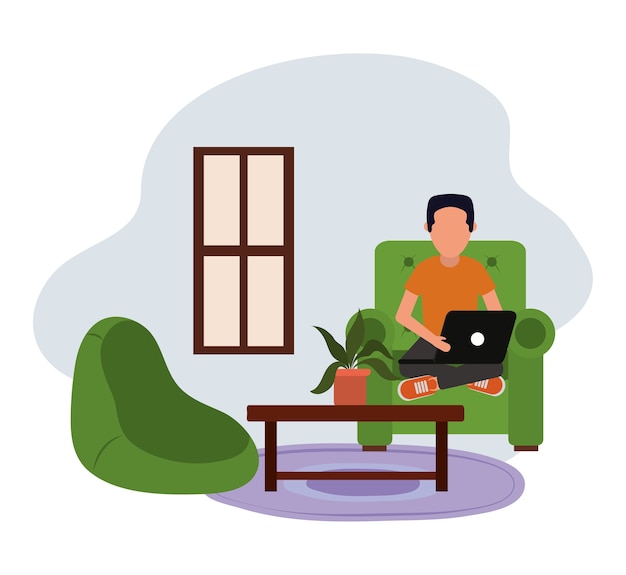 Working at home, guy using laptop computer in living room, people at home in quarantine illustration