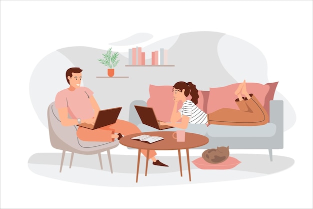 Vector working at home orange concept with people scene in the flat cartoon style young couple work