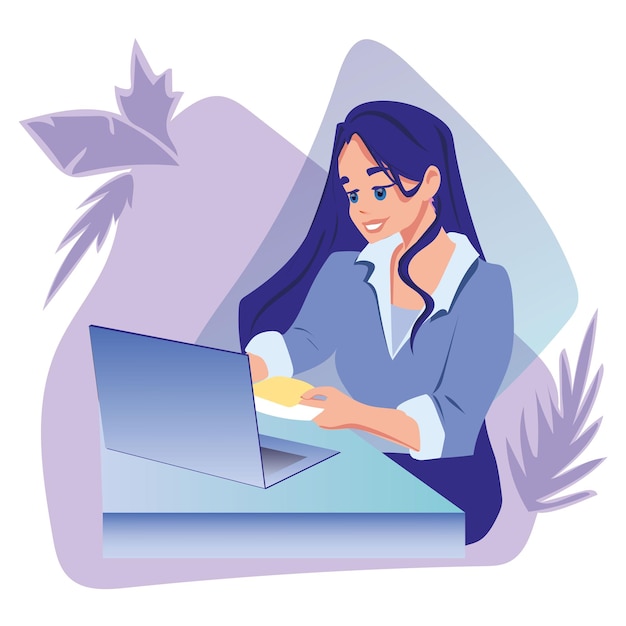 Working at home vector flat style illustration Online career Coworking space illustration Young woman freelancers working on laptop or computer Concept of time or project management