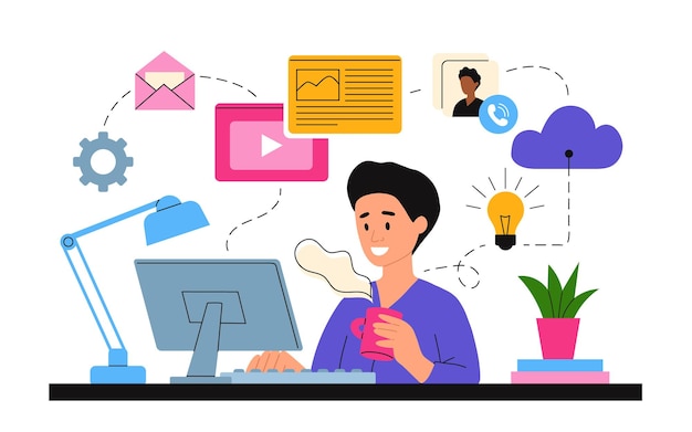 Vector working at home vector flat style illustration online career home office illustration young man