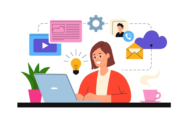 Working at home vector flat style illustration Online career Home office illustration Young woman