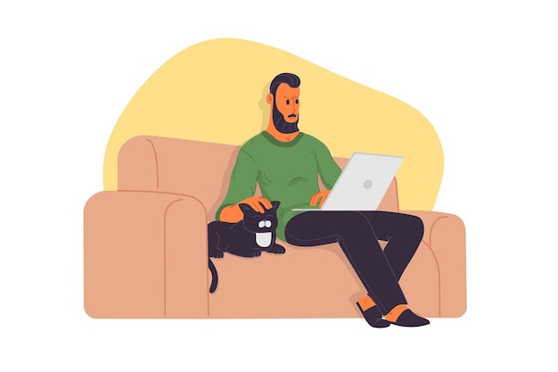 Lavoro a casa, webinar, illustrazione vettoriale piatta per riunioni online. videoconferenza, telelavoro, distanziamento sociale, discussioni di lavoro, studio. uomo con laptop seduto sul divano con gatto.