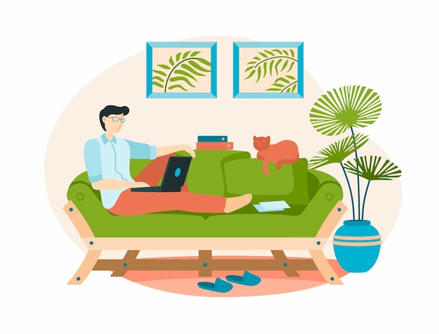 Vector working home with laptop on couch in boho interior