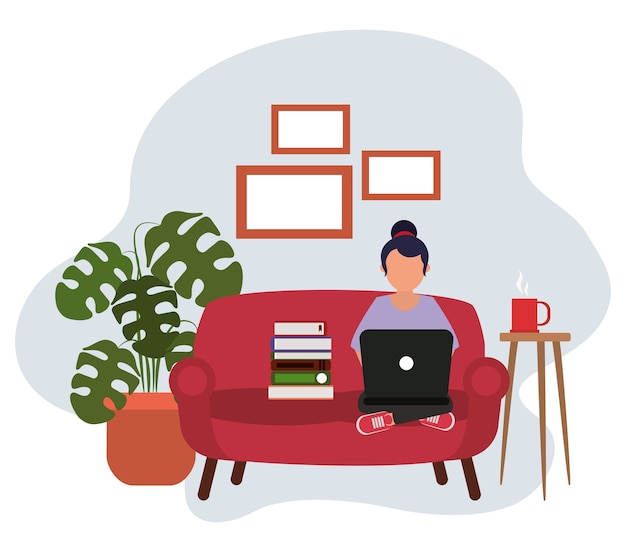 Working at home, woman sitting using laptop books and coffee cup, people at home in quarantine illustration