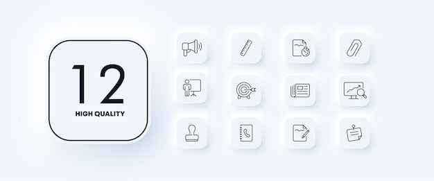 Working infographics set icon megaphone ruler document statistics stopwatch flipchart target achievement newspaper magnifier seal contacts business concept neomorphism vector line icon