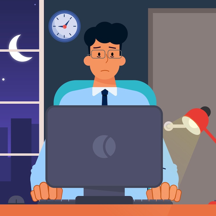 Vector working late overtime burnout illustration