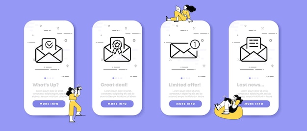 작업 편지 세트 아이콘 봉투 승인 인증서 보내기 비즈니스 및 광고를 위한 사람들 벡터 라인 아이콘과 함께 새 메시지 문서 비즈니스 개념 Ui 전화 앱 화면 수신