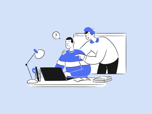 A working man mentored by an online mentor hand drawn flat vector illustration