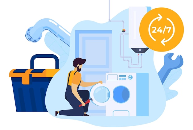Working man plumber repairs washing machine in laundry repair worker home technician service handyman isolated vector illustration