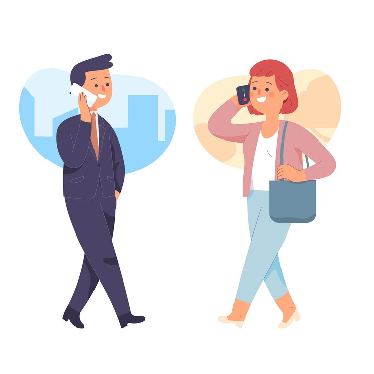 Vector working men and women holding cellphones and talking while walking