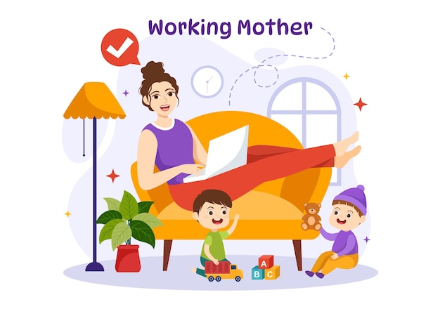 Working Mother Vector Illustration with Mothers who does Work and Takes Care of her Kids at the Home