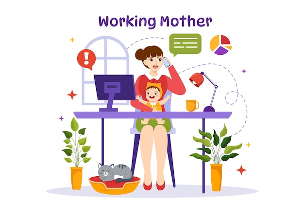 Illustrazione vettoriale della madre che lavora con le madri che lavorano e si prendono cura dei suoi figli a casa