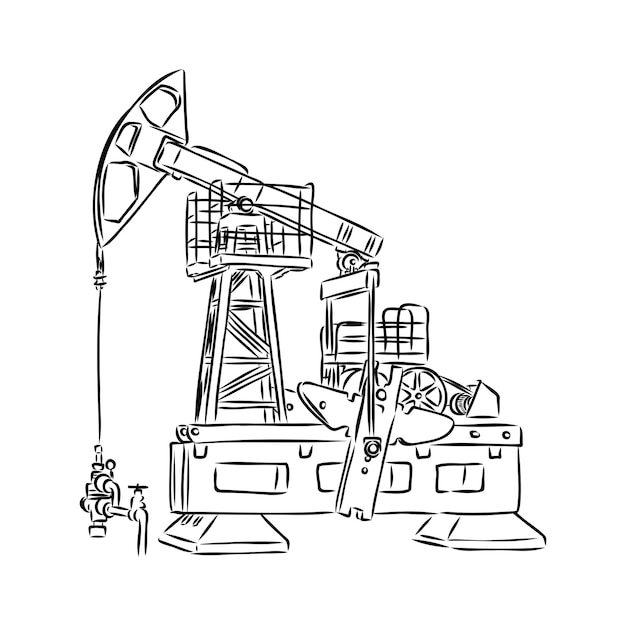 Vector working oil pump hand drawn sketch illustration isolated on white background