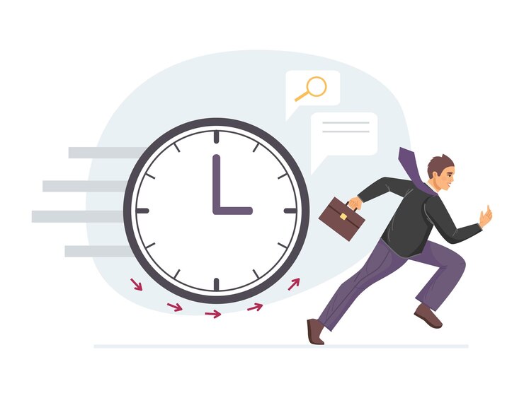 Vector working overtime at deadline, office worker employee running in panic.