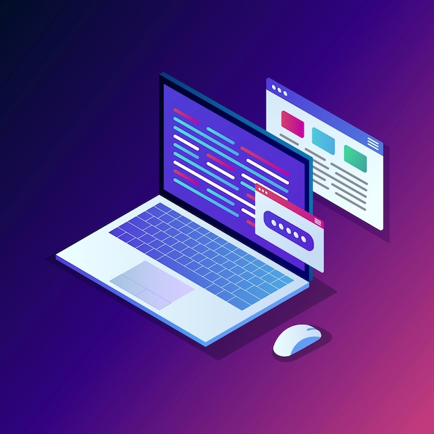 working process.  isometric office workplace with computer, laptop, pc, document, data.