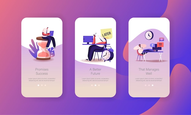 Working productivity, manage time mobile app page onboard screen template