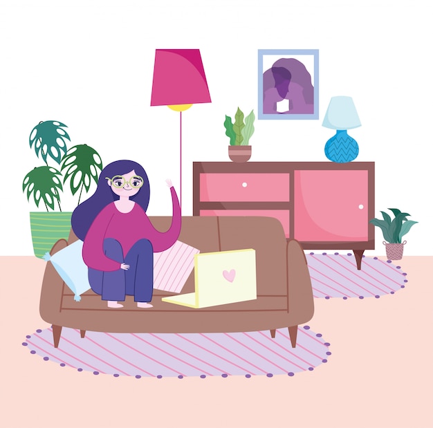 Working remotely, young woman sitting on sofa with laptop room