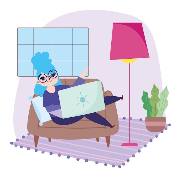 Working remotely, young woman with glasses and laptop on sofa