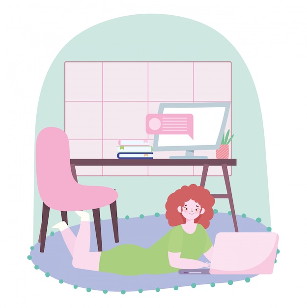 Working remotely, young woman with laptop in floor and computer on desk  illustration