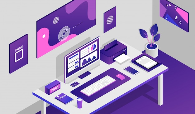 Vector working space room with isometric elements