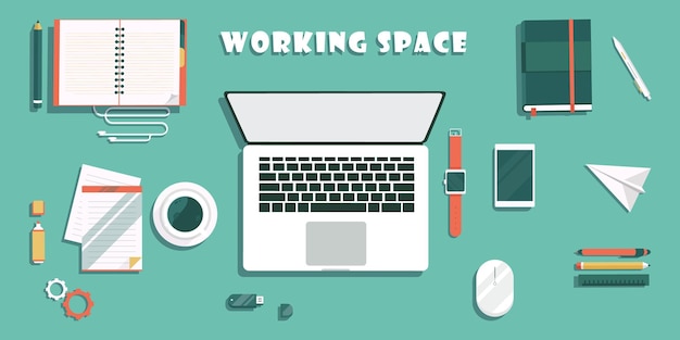 Working space with laptop phone notebook in a flat design