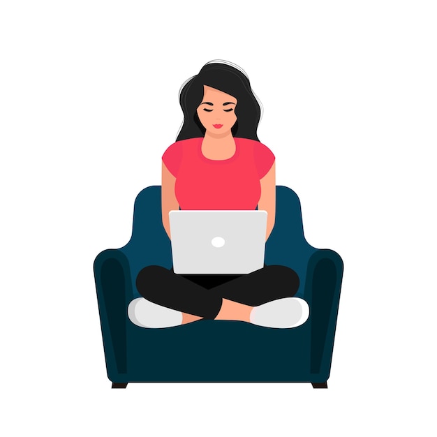 Vector working studying at home. girl with laptop sitting on armchair. concept illustration for working, studying, education, work from home, healthy lifestyle. vector illustration