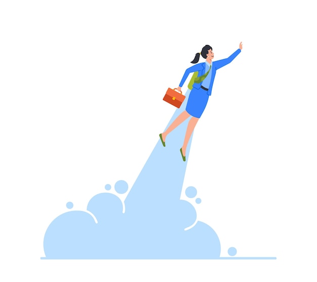 Working Success Startup Happy Business Woman or Manager Fly on Jetpack to Goal Achievement Character with Rocket