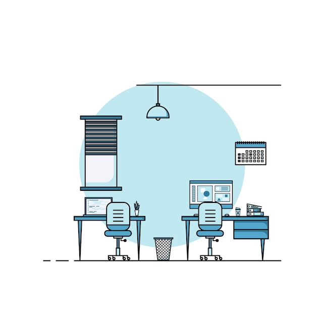 Рабочий стол плоский дизайн, концепция интерьера рабочий стол с мебелью. Рабочий кабинет с компьютером, рабочим столом, столом, стулом, книгой, стационарным оборудованием. Работа из дома иллюстрации шаржа.