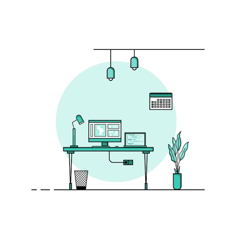 Vector working table flat design, concept of working desk interior with furniture. work room with computer, desktop, table, chair, book, and stationary equipment. work from home cartoon illustration.