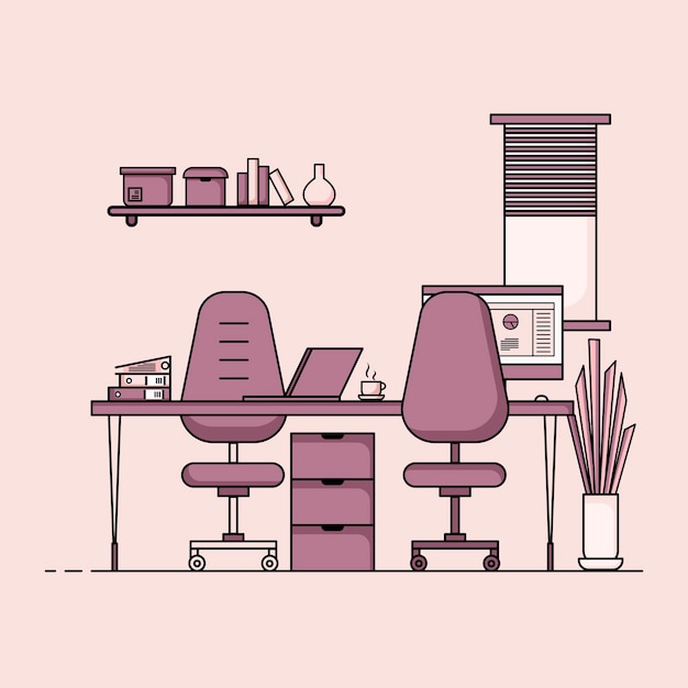 Working table flat design Concept of working desk interior with furniture Work room with computer desktop table chair book and stationary equipment