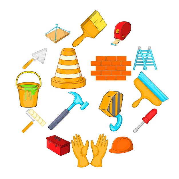 Working tools icons set, cartoon style