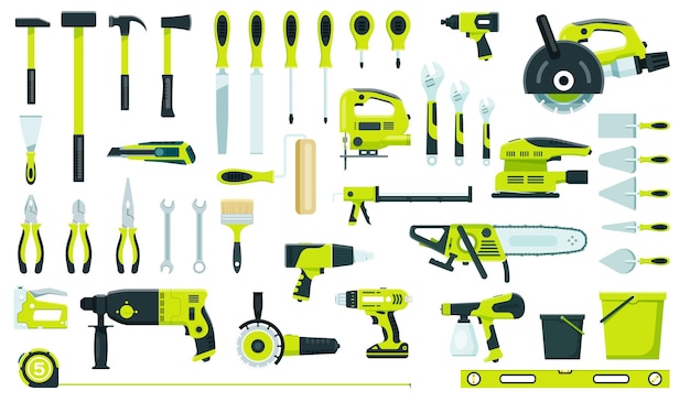 Working tools of set, ax hammer, drill, screwdriver, saw