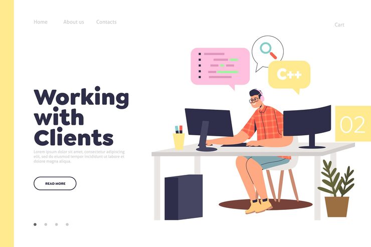 Vector working with client landing page concept with programmer man coding on computer on new project. web developer programming. young male coder or it engineer at workplace. flat vector illustration