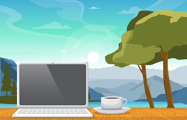 Vector working with a cup of tea on table in mountain lake view illustration